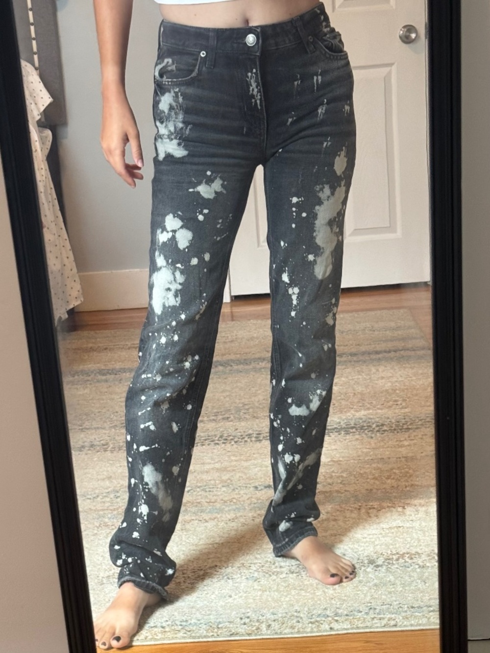ZARA Black Distressed Paint Splatter Straight Leg Jeans